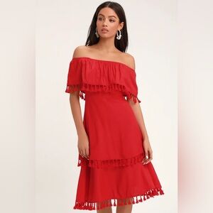 Size Small Pensacola Red Off-the-Shoulder Tasseled Midi Dress